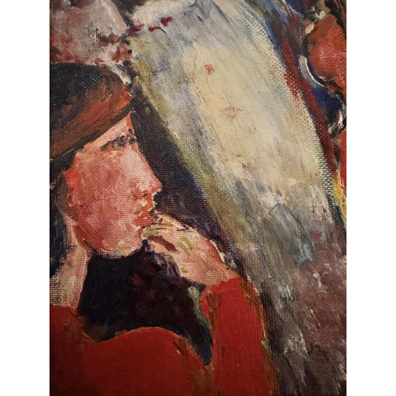 Marcel HOCQ "Nude and man with bowler hat" painting oil on canvas, mounted on canvas