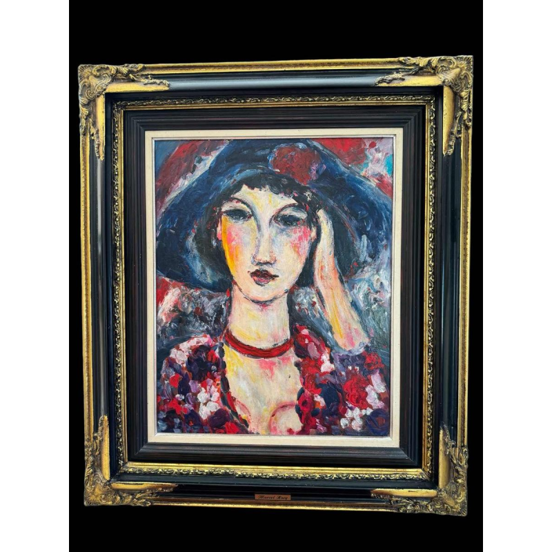 Marcel HOCQ (1933-2021): "La femme au chapeau» peinture huile sur panneau