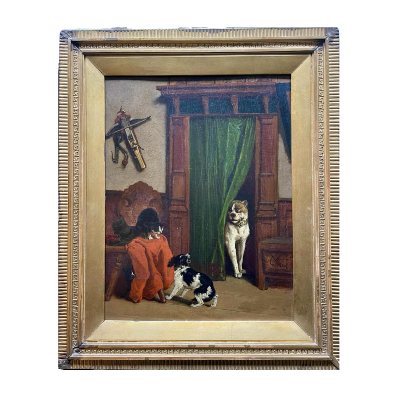 Charles VERLAT, Huile sur panneau 'chiens et chat' tableau de 1870