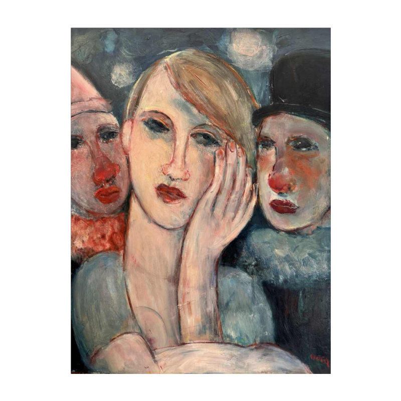 Marcel HOCQ (1933-2021): "Avec les clowns » peinture huile sur panneau