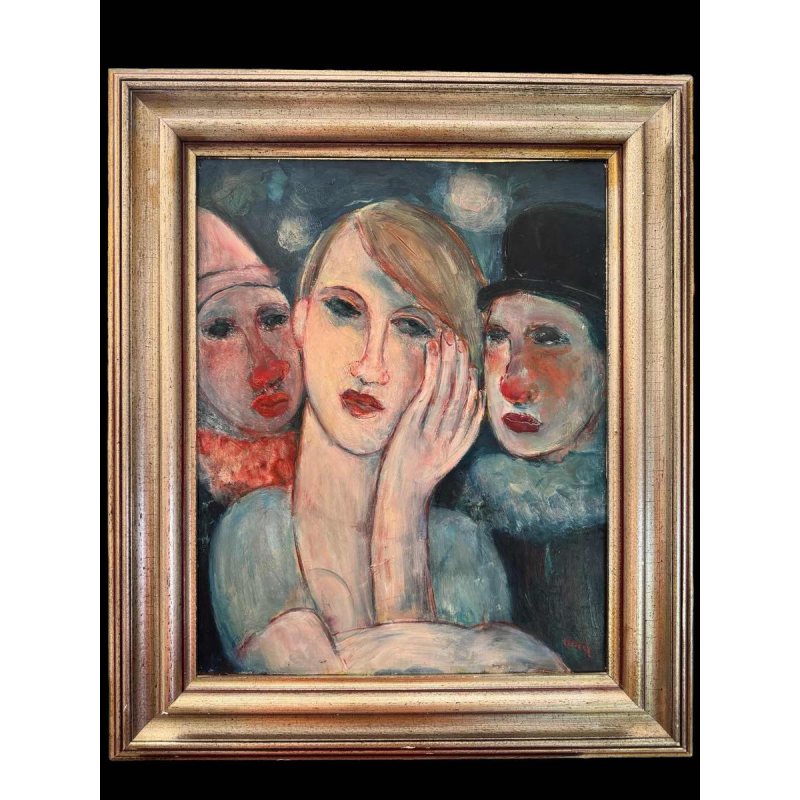 Marcel HOCQ (1933-2021): "Avec les clowns » peinture huile sur panneau