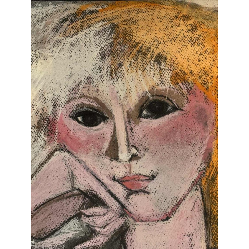 Odette COLLON « peinzende jonge vrouw » pastel op papier, 1991