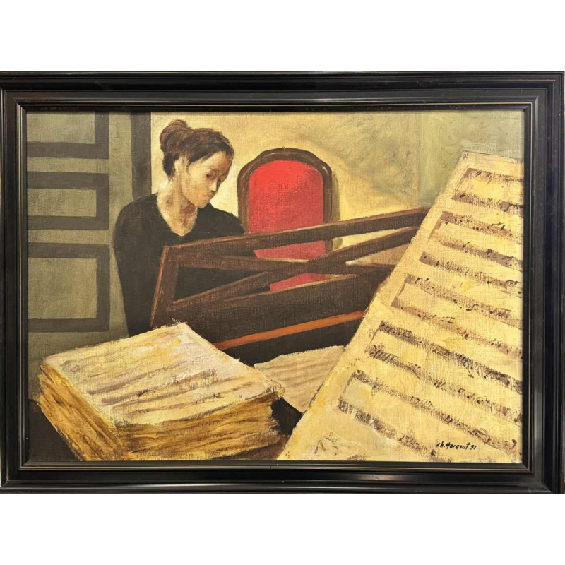 Christian HOCQUET « Muzikale toonladders thuis - de pianiste » schilderij olie op doek
