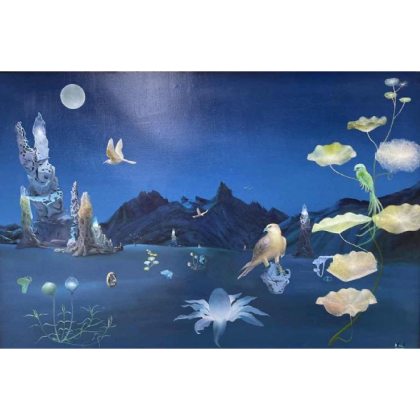 Belgische surrealistische school gedateerd 1989-90 hst 80x120 cm