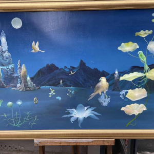 École surréaliste belge datée 1989-90 hst 80x120 cm