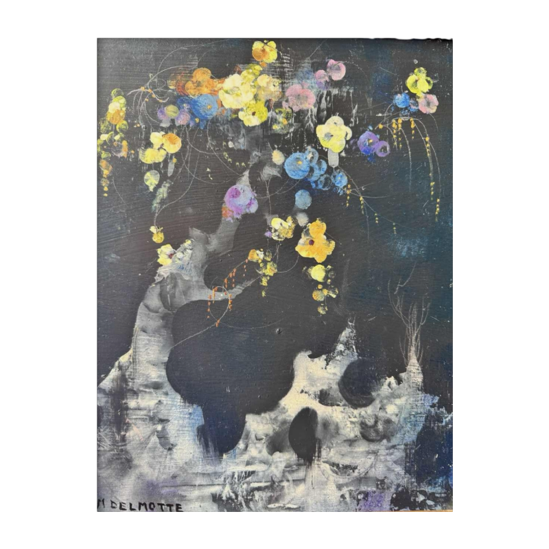 Marcel DELMOTTE "Bouquet de fleurs sur fond de paysage surréaliste" peinture huile sur carton, 1980