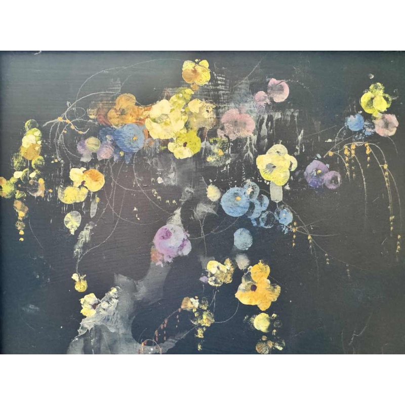 Marcel DELMOTTE “Boeket bloemen tegen een surrealistische landschapsachtergrond" schilderij olie op karton, 1980