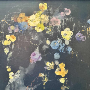 Marcel DELMOTTE “Boeket bloemen tegen een surrealistische landschapsachtergrond" schilderij olie op karton, 1980