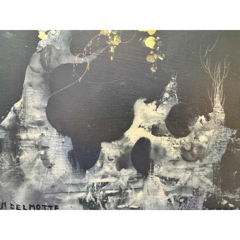 Marcel DELMOTTE “Bouquet of flowers against a surreal landscape background” painting oil on cardboard, 1980