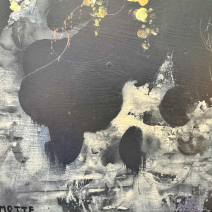 Marcel DELMOTTE “Boeket bloemen tegen een surrealistische landschapsachtergrond" schilderij olie op karton, 1980