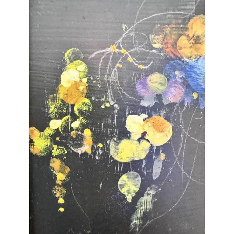 Marcel DELMOTTE “Boeket bloemen tegen een surrealistische landschapsachtergrond" schilderij olie op karton, 1980