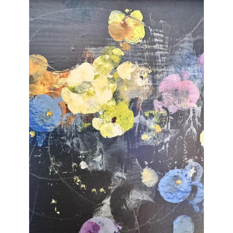 Marcel DELMOTTE "Bouquet de fleurs sur fond de paysage surréaliste" peinture huile sur carton, 1980