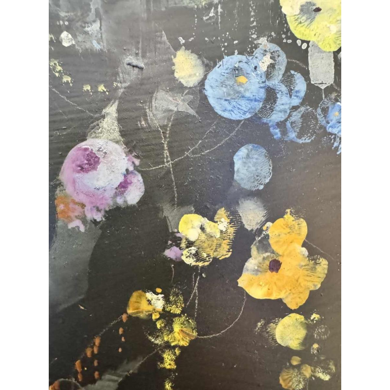 Marcel DELMOTTE “Bouquet of flowers against a surreal landscape background” painting oil on cardboard, 1980