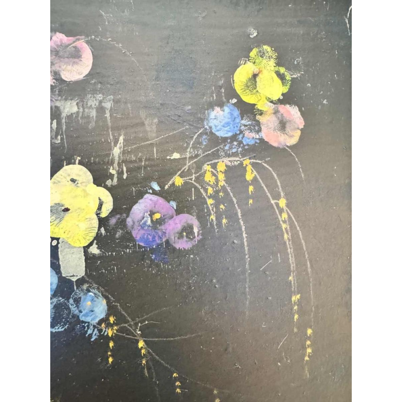 Marcel DELMOTTE “Bouquet of flowers against a surreal landscape background” painting oil on cardboard, 1980