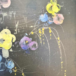 Marcel DELMOTTE “Bouquet of flowers against a surreal landscape background” painting oil on cardboard, 1980