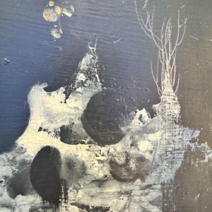 Marcel DELMOTTE “Bouquet of flowers against a surreal landscape background” painting oil on cardboard, 1980