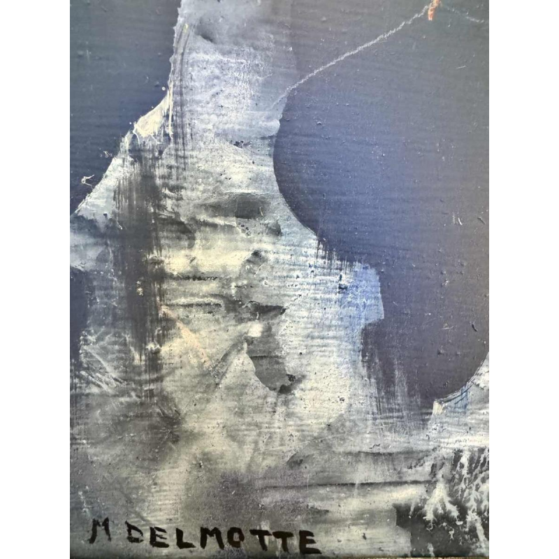 Marcel DELMOTTE “Boeket bloemen tegen een surrealistische landschapsachtergrond" schilderij olie op karton, 1980