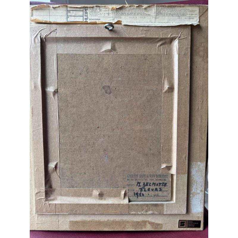 Marcel DELMOTTE “Bouquet of flowers against a surreal landscape background” painting oil on cardboard, 1980