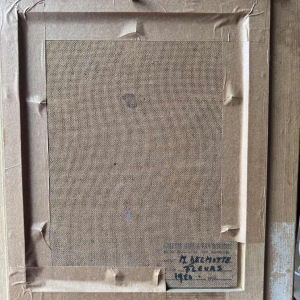 Marcel DELMOTTE “Bouquet of flowers against a surreal landscape background” painting oil on cardboard, 1980