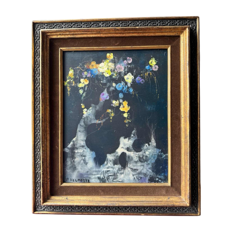 Marcel DELMOTTE "Bouquet de fleurs sur fond de paysage surréaliste" peinture huile sur carton, 1980