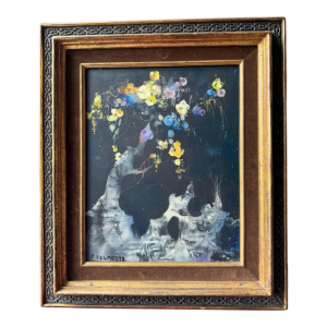 Marcel DELMOTTE "Bouquet de fleurs sur fond de paysage surréaliste" peinture huile sur carton, 1980