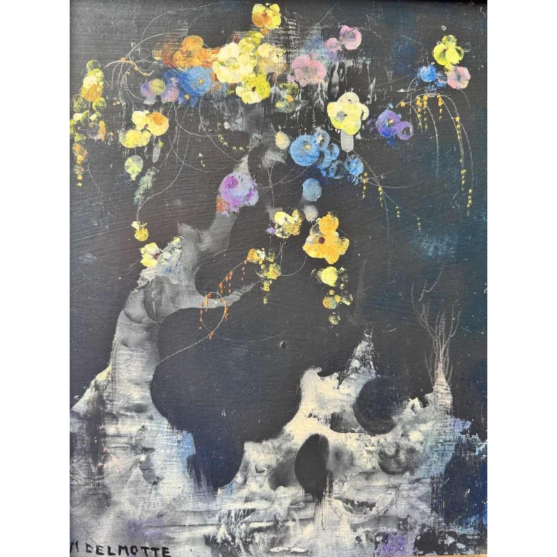Marcel DELMOTTE “Boeket bloemen tegen een surrealistische landschapsachtergrond" schilderij olie op karton, 1980