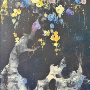 Marcel DELMOTTE “Boeket bloemen tegen een surrealistische landschapsachtergrond" schilderij olie op karton, 1980