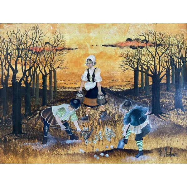 Danielle MOLINA (1939-): «  The work of the fields" » hsp 60x80 cm