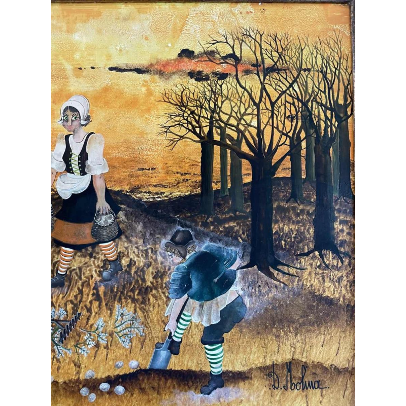 Danielle MOLINA (1939-): «  The work of the fields" » hsp 60x80 cm