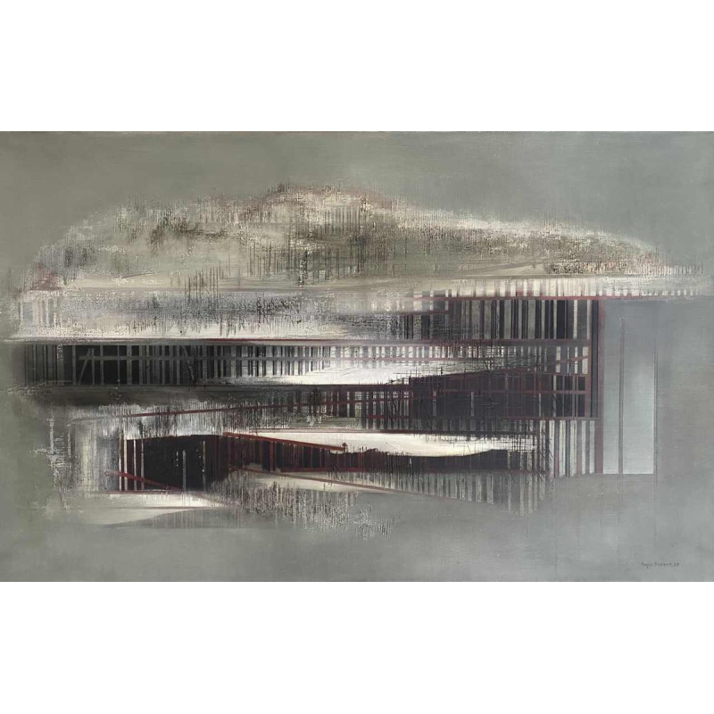 Roger Dudant “Chantier”, abstract schilderij, olieverf op doek, 1975