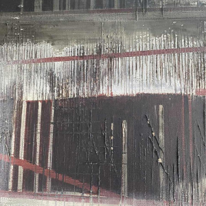 Roger Dudant "Construction Site", abstract painting, oil on canvas, 1975