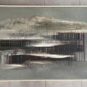 Roger Dudant "Construction Site", abstract painting, oil on canvas, 1975