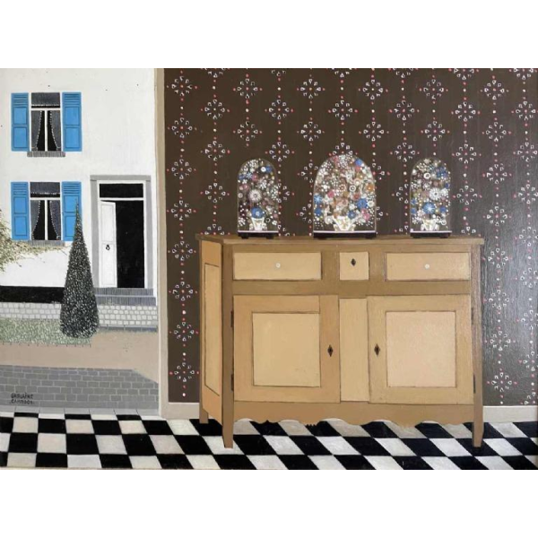 Ghislaine CAMBRON (1923- ) L'armoire bois blanc L'armoire de bois blanc 1972 oil on panel