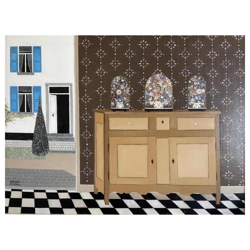 Ghislaine CAMBRON (1923- ) « Larmoire de bois blanc » 1972 huile sur panneau