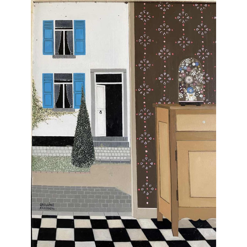 Ghislaine CAMBRON (1923- ) « Larmoire de bois blanc » 1972 huile sur panneau