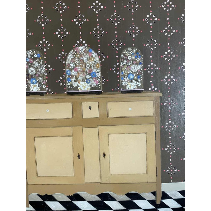 Ghislaine CAMBRON (1923- ) « Larmoire de bois blanc » 1972 huile sur panneau