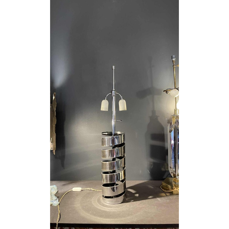 JACQUES CHARPENTIER, Pied de Lampe à Poser Spirale Ressort, Me´tal Chrome´, 1972