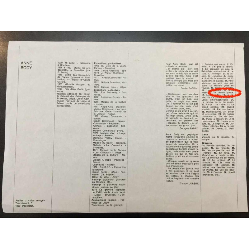 Anne Body " Parce queue " 1970, technique mixte sur papier