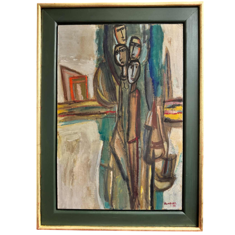 Théo HUMBLET "Stadsbewoners op zondag op het platteland" 1968 schilderij olieverf op karton