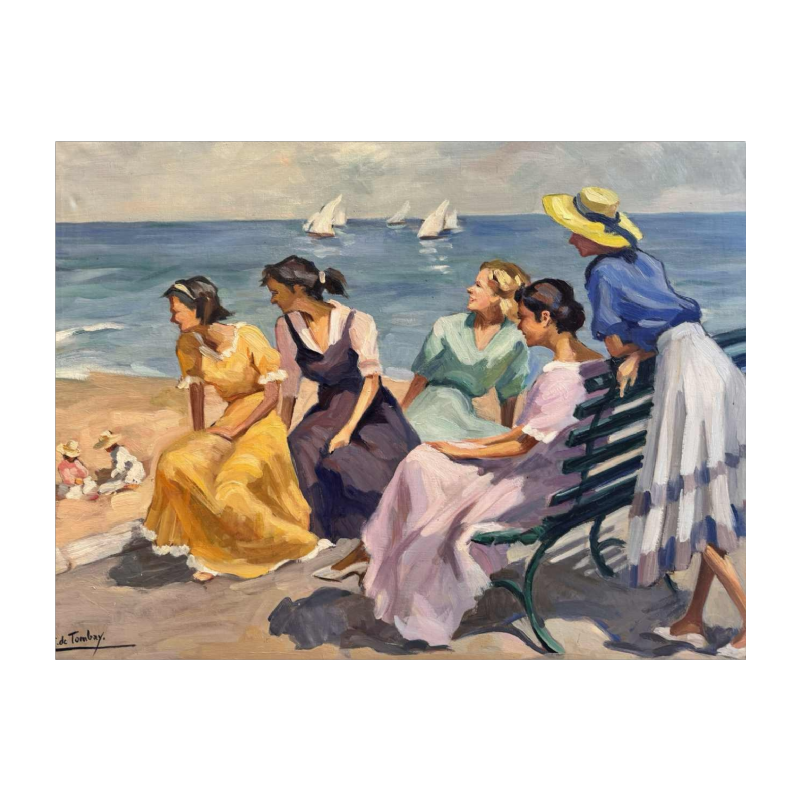 Ellen de TOMBAY « Jeux et détente en bord de mer » peinture huile sur toile