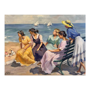 Ellen de TOMBAY « Jeux et détente en bord de mer » peinture huile sur toile