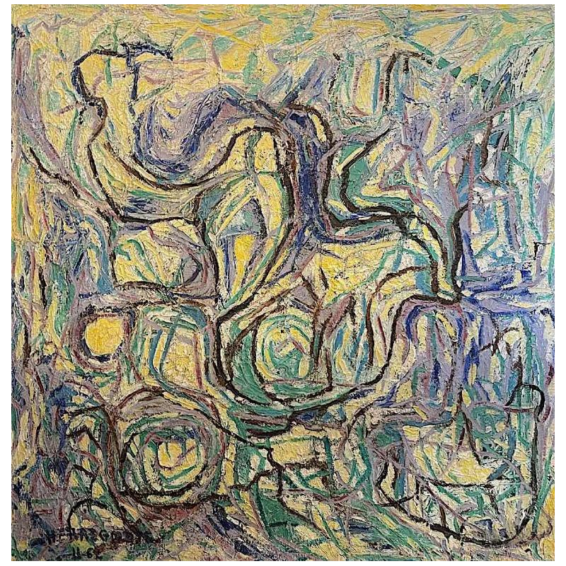 URBAIN HERREGODTS (90x92cm) Tableau Abstrait de 1962, Huile sur Panneau