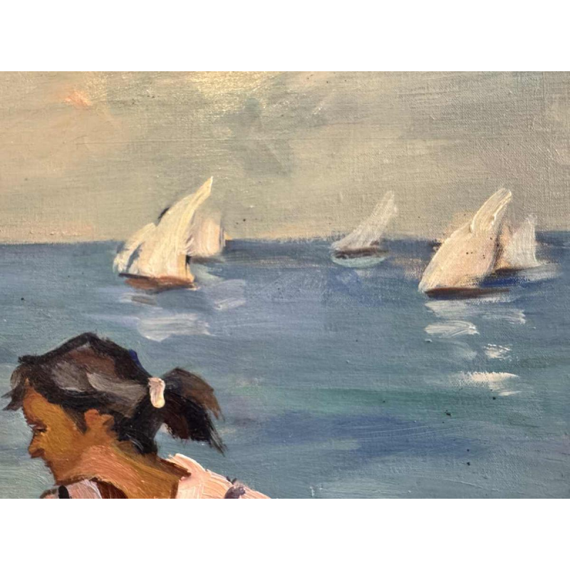 Ellen de TOMBAY « Jeux et détente en bord de mer » peinture huile sur toile