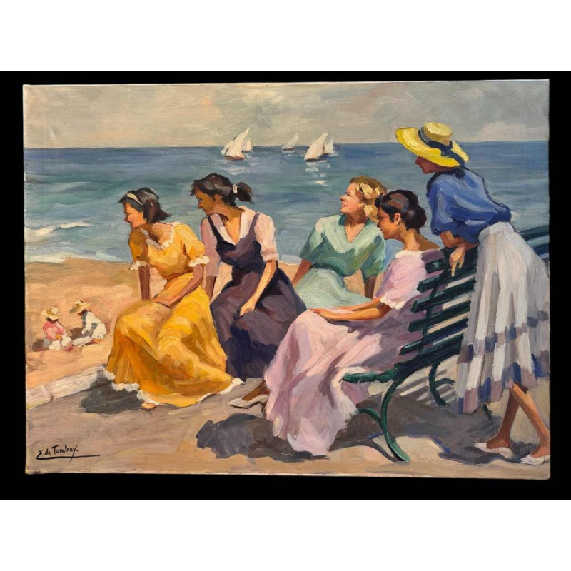 Ellen de TOMBAY " Spel en ontspanning aan zee “ schilderij olieverf op doek