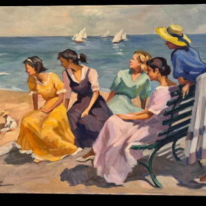 Ellen de TOMBAY « Jeux et détente en bord de mer » peinture huile sur toile