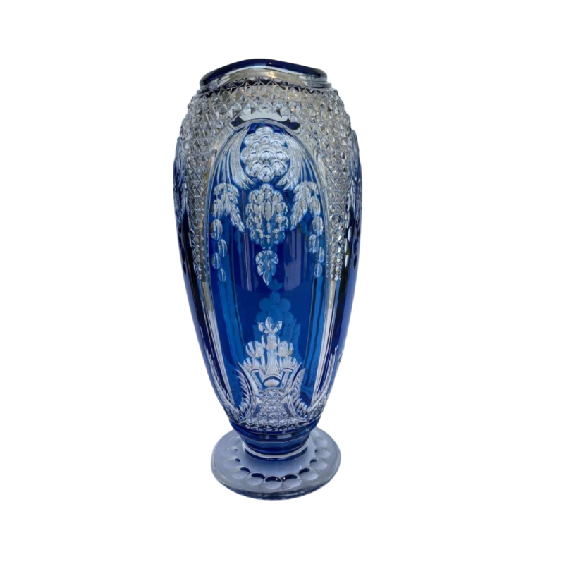 Joseph Simon / Val Saint Lambert, vaas Art Déco de Paris in blauw geslepen kristal, ca 1920