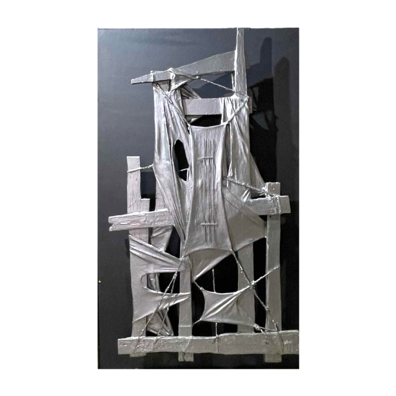 MACKOWIAK ERWIN, tableau abstrait, peinture composition sculpture belge, bois, cordes, tissus peints, 1963