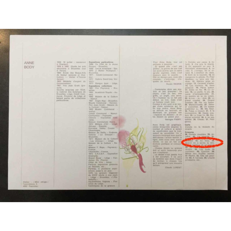 Anne Body " Quand on a perdu la tête " 1961, gravure sur papier, tirage 3/3