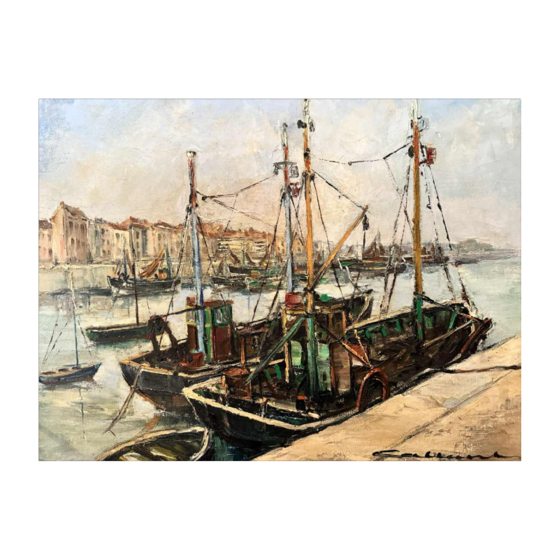 Jacques CALLAERT « Vue portuaire Ostende ? » peinture huile sur toile