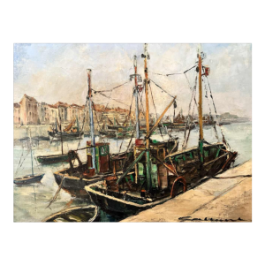 Jacques CALLAERT « Vue portuaire Ostende ? » peinture huile sur toile
